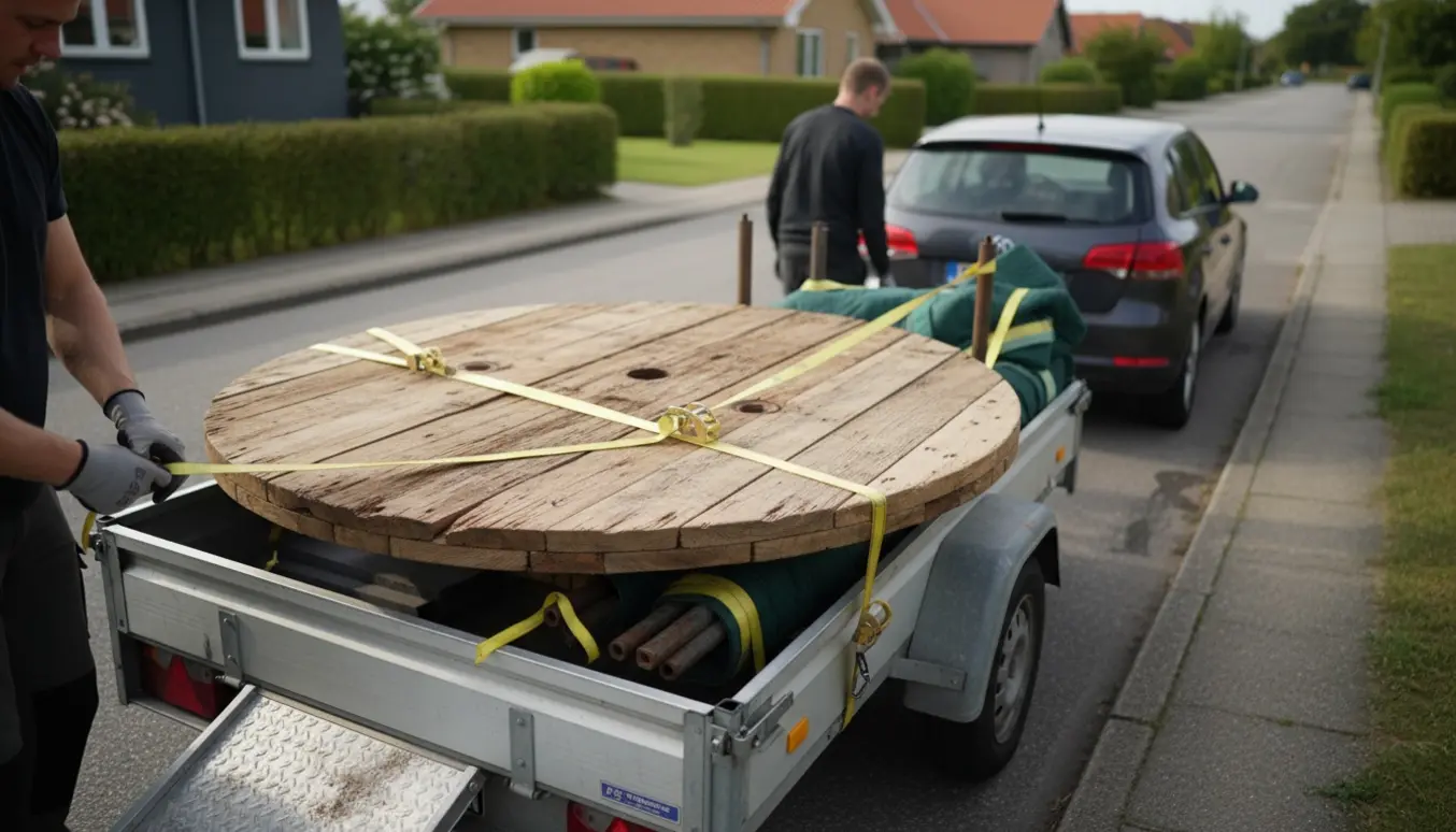 Rund bordplade på trailer sikret med stropper klar til levering ved kantsten.