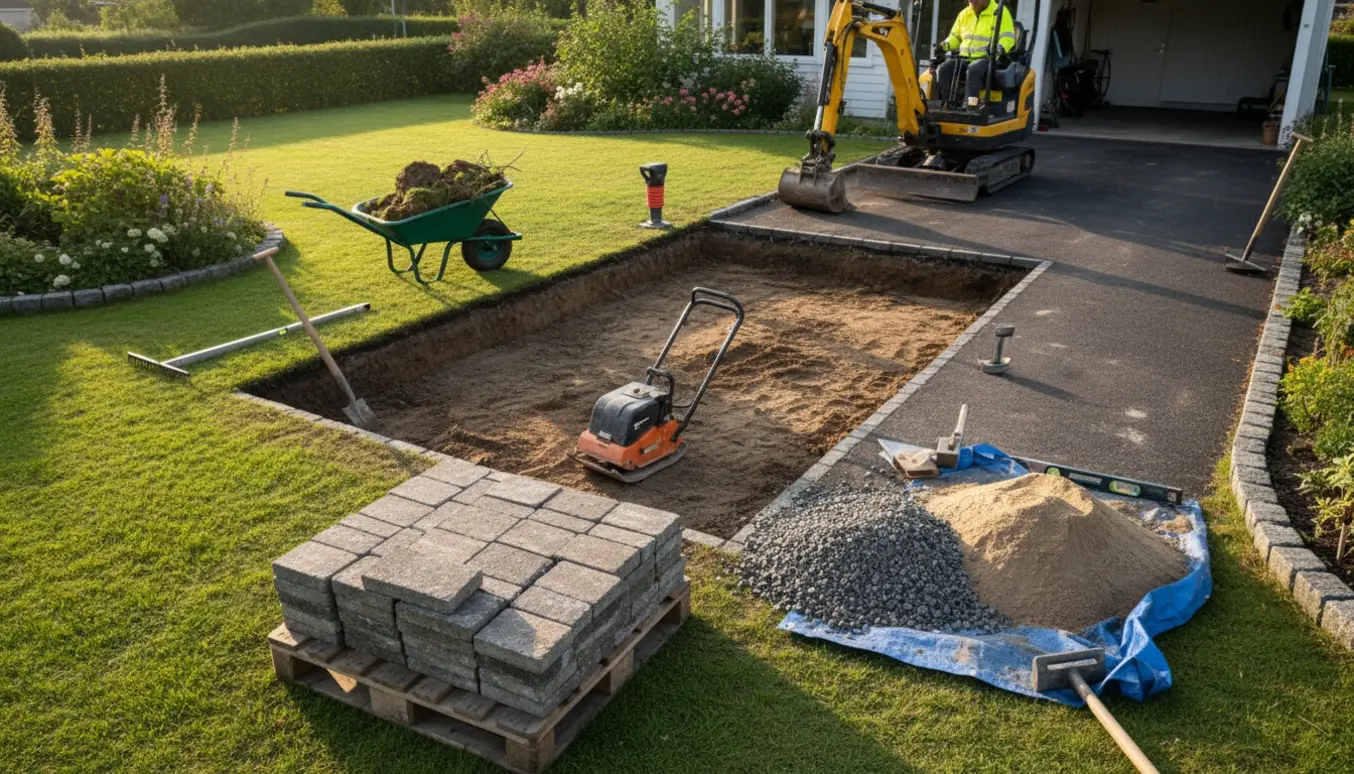 Gravet udvidelse af indkørsel ved siden af eksisterende indkørsel med bunker af jord, stak af herregårdssten og værktøj, uden synlige ansigter.