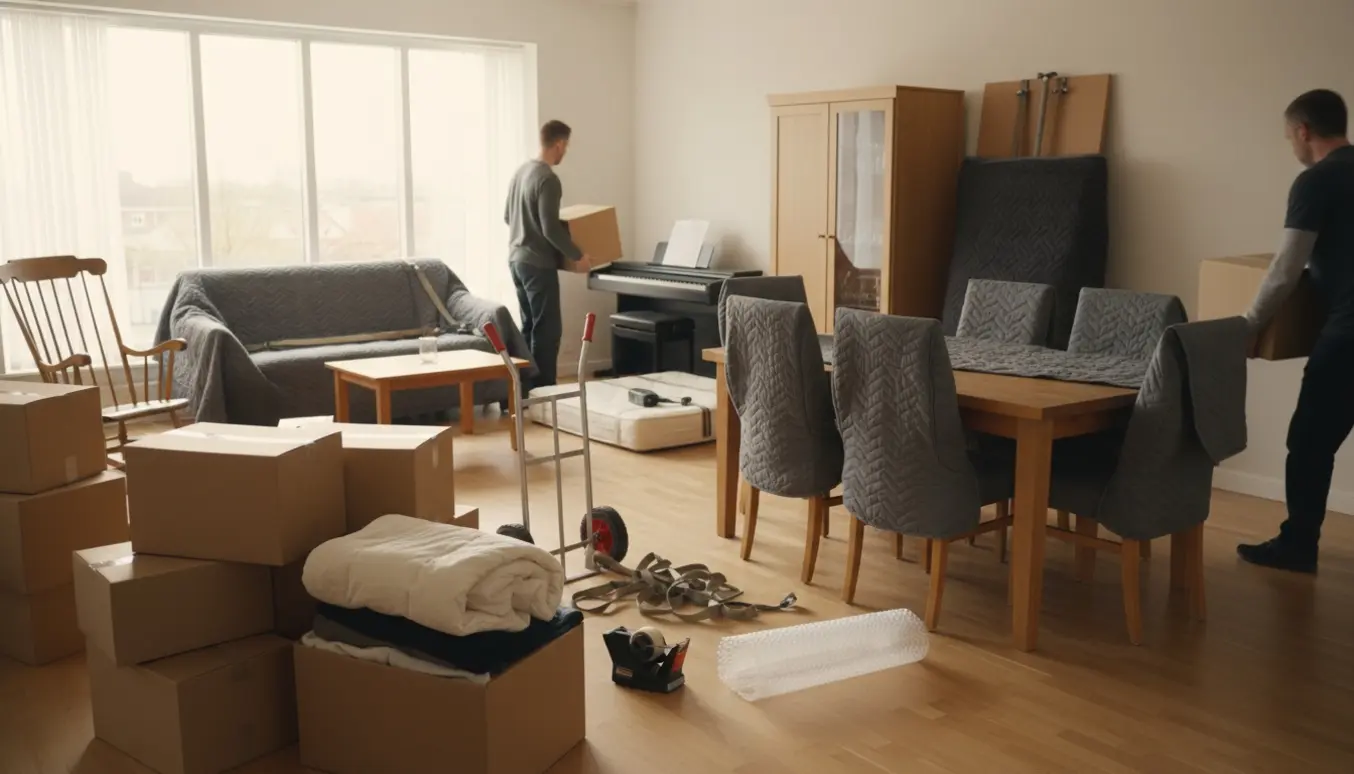 Lys stue ved flytning med stabler af flyttekasser og pakket møbler klar til afhentning.