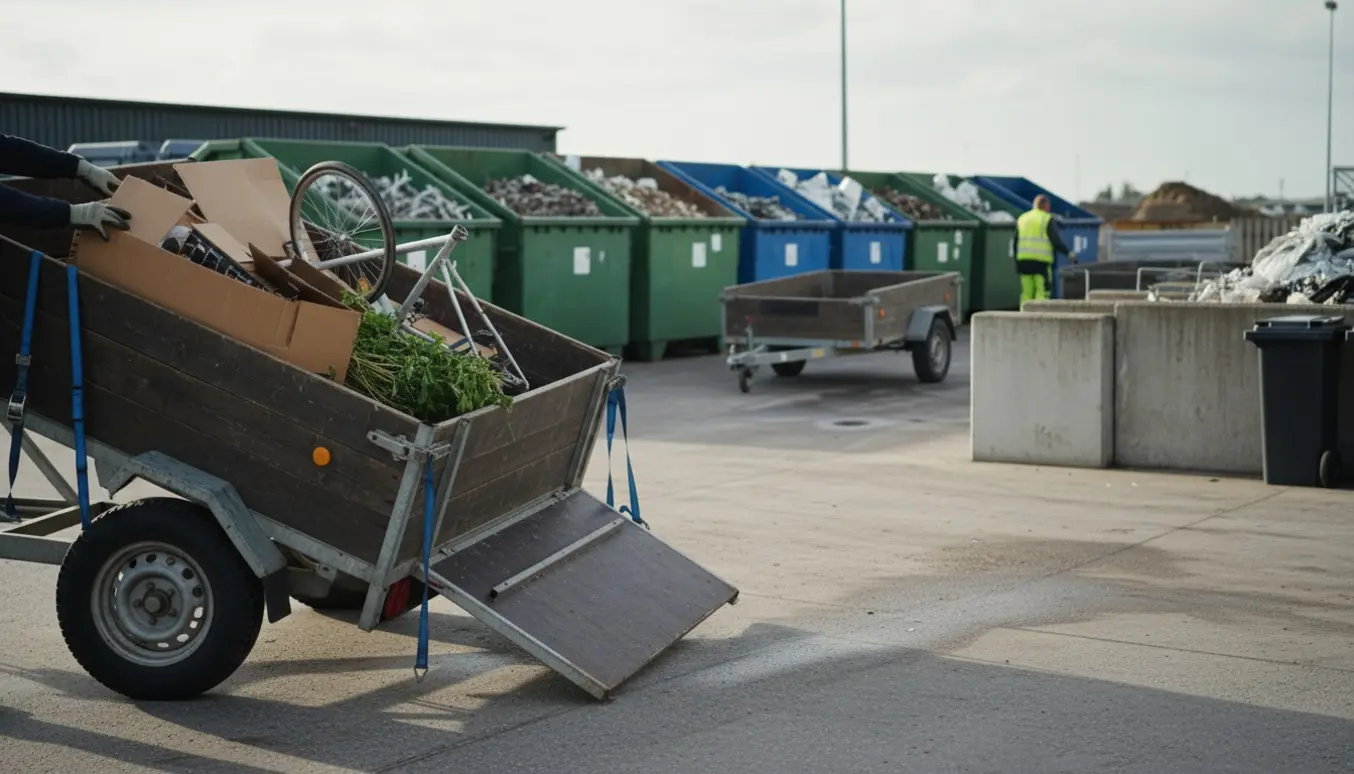 En åben trailer tømmes for affald og genbrug ved en genbrugsplads med containere i baggrunden.