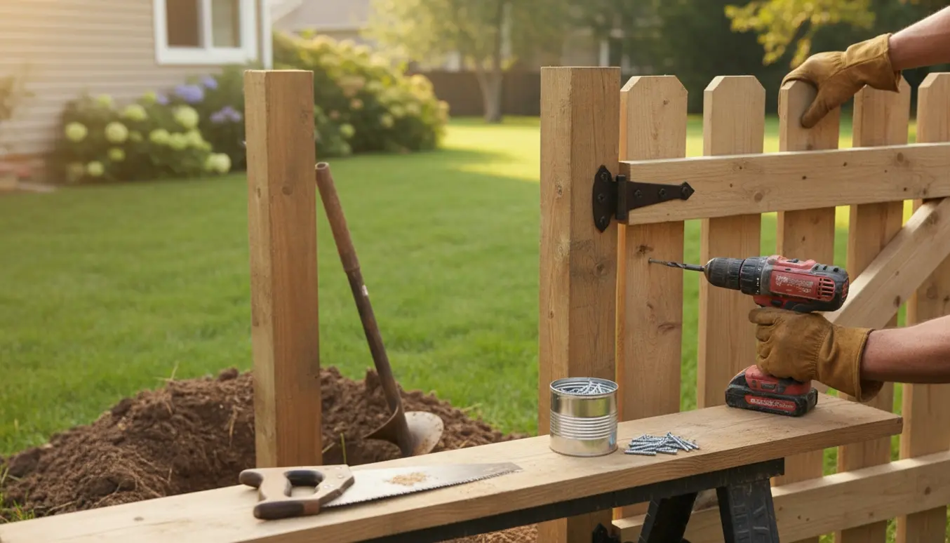 Halvfærdigt kort træhegn med låge, pælebor, sav, skruer og en slidt boremaskine i forgrunden.