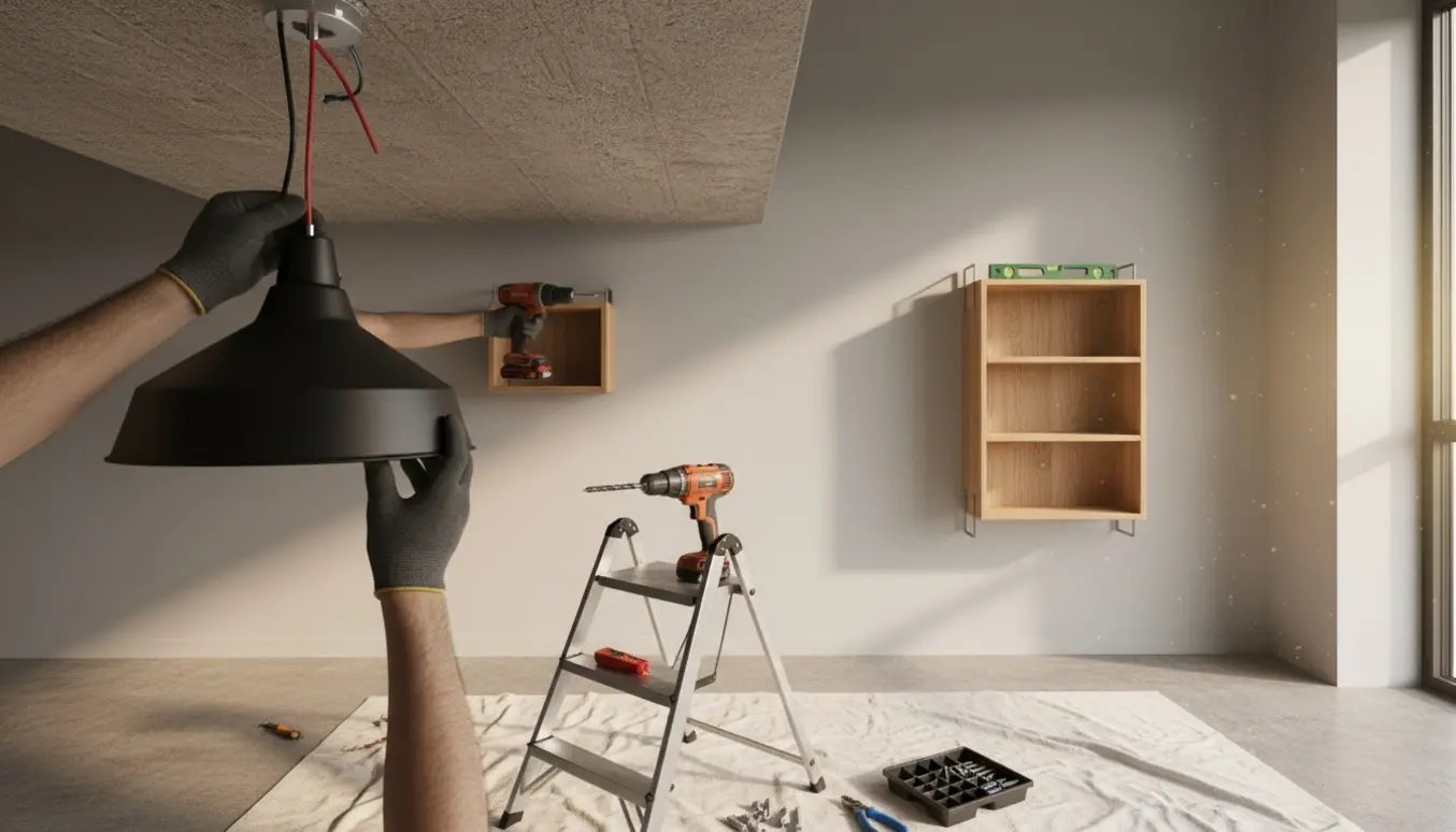 Hænder monterer en lampe i et betonloft, mens en lille bogkasse fastgøres på væggen.