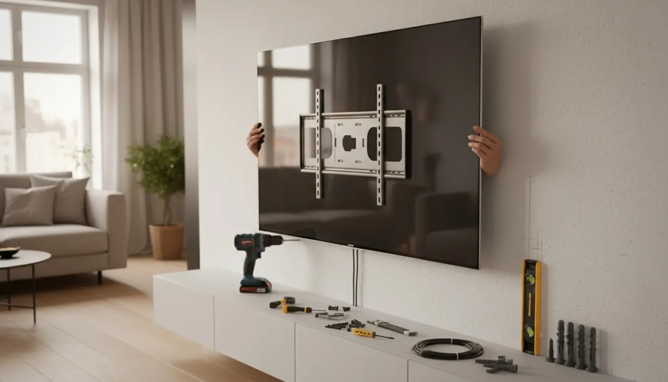 Et slankt OLED-TV hænges op på en gipsvæg med vægbeslag, værktøj og skjulte kabler i en moderne stue.