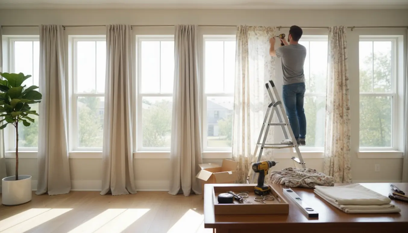 Solbelyst rum med ni vinduer hvor nye gardiner hænges op og gamle gardiner tages ned.