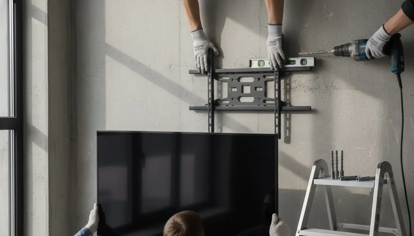 Nærbillede af 57-tommer TV, der hænges på en betonvæg med beslag, boremaskine og vaterpas.