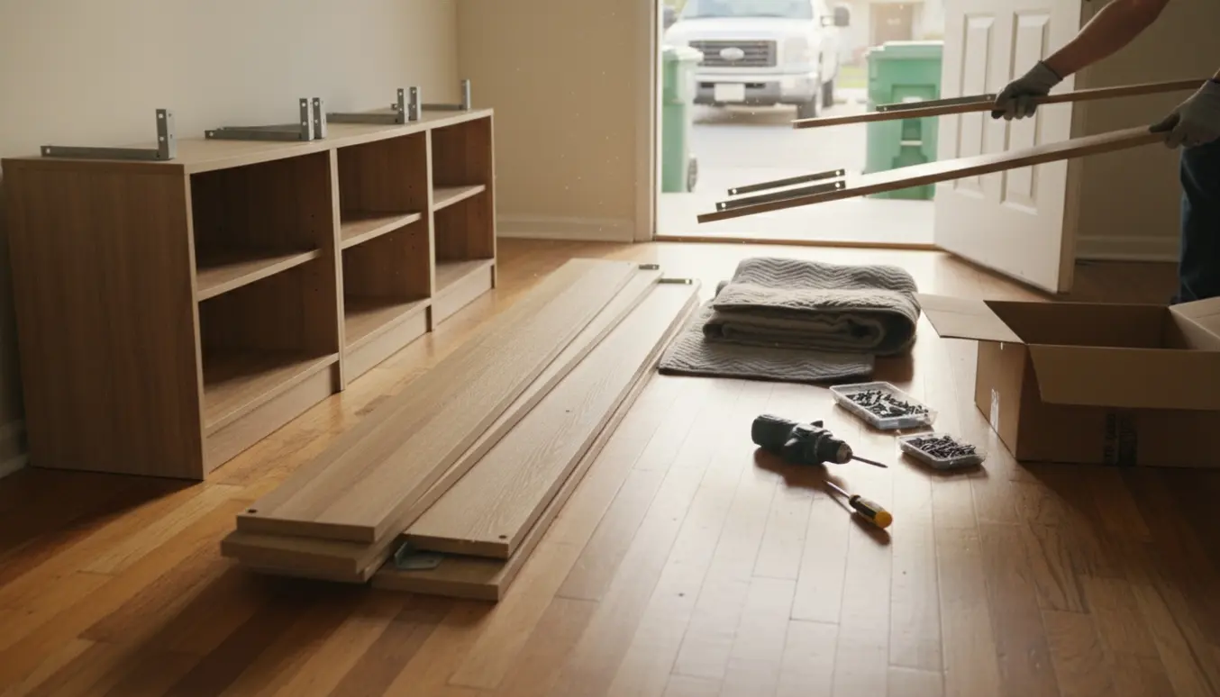 Demonteret reol pakket ved døren klar til bortskaffelse.