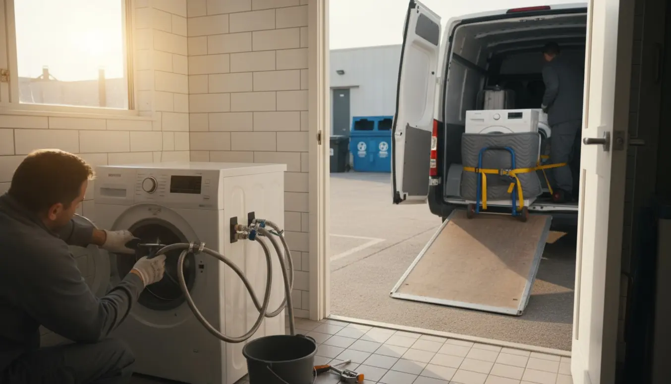 Tekniker afmonterer en vaskemaskine i et lyst bryggers og læsser den på en varevogn med en flyttetrille.