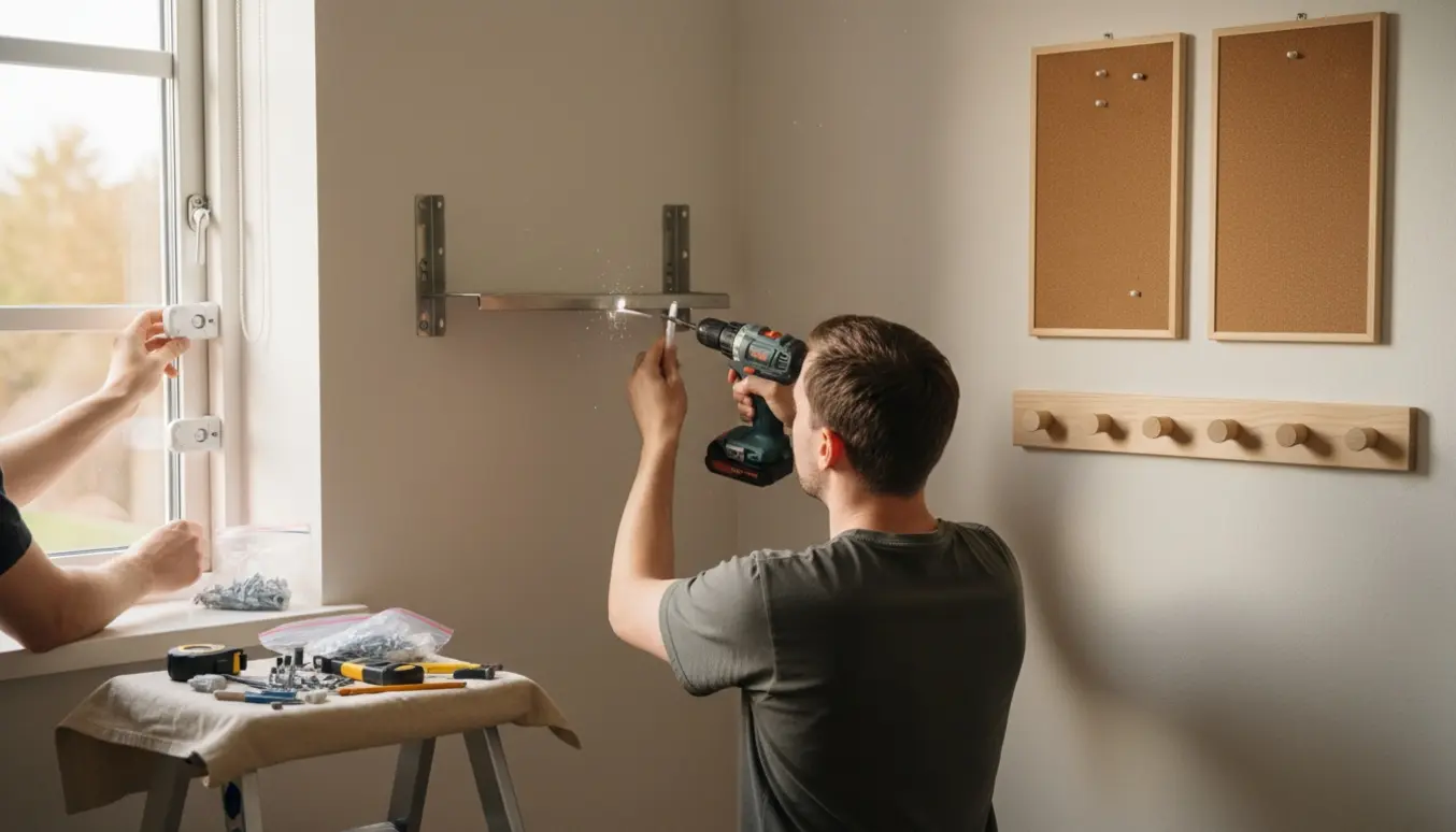 Hænder borer huller og monterer hylde, vinduessikringer, opslagstavler og knagerække i et lyst hjem.