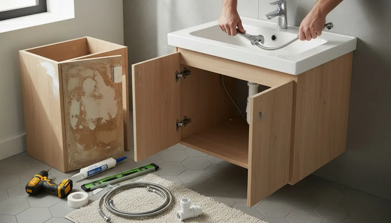 Nyt kompakt badeværelsesskab med vask og armatur under installation, værktøj og et fugtskadet skab i baggrunden.