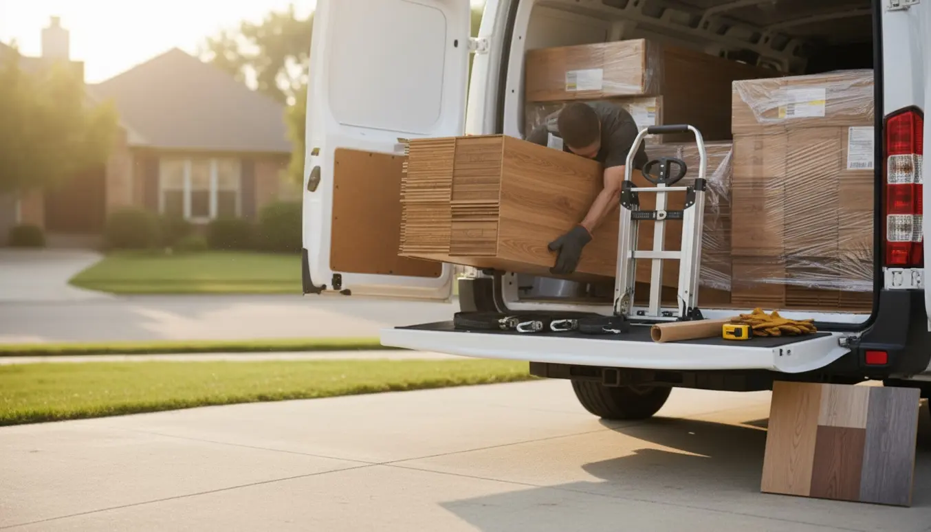 Åben varebil med stabler af klikgulvsbundter på bagklappen, prøver af plankelook og arbejdshandsker klar til afhentning.