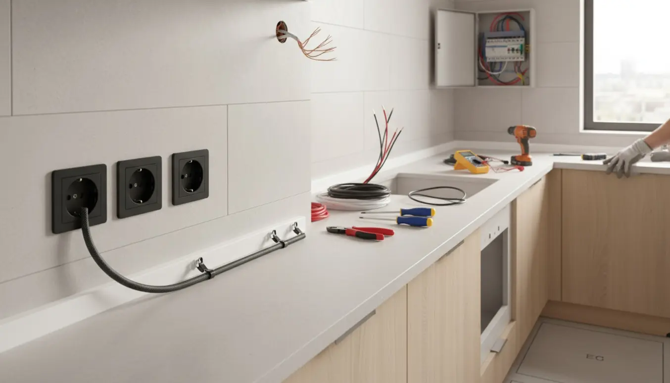 Køkken under el-installation med nye dobbelte stikkontakter, kabelkanal til ovn og åben eltavle.