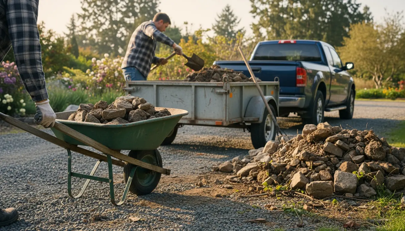 Trailer og håndværktøj hvor sten og skrald bliver læsset væk fra en indkørsel.