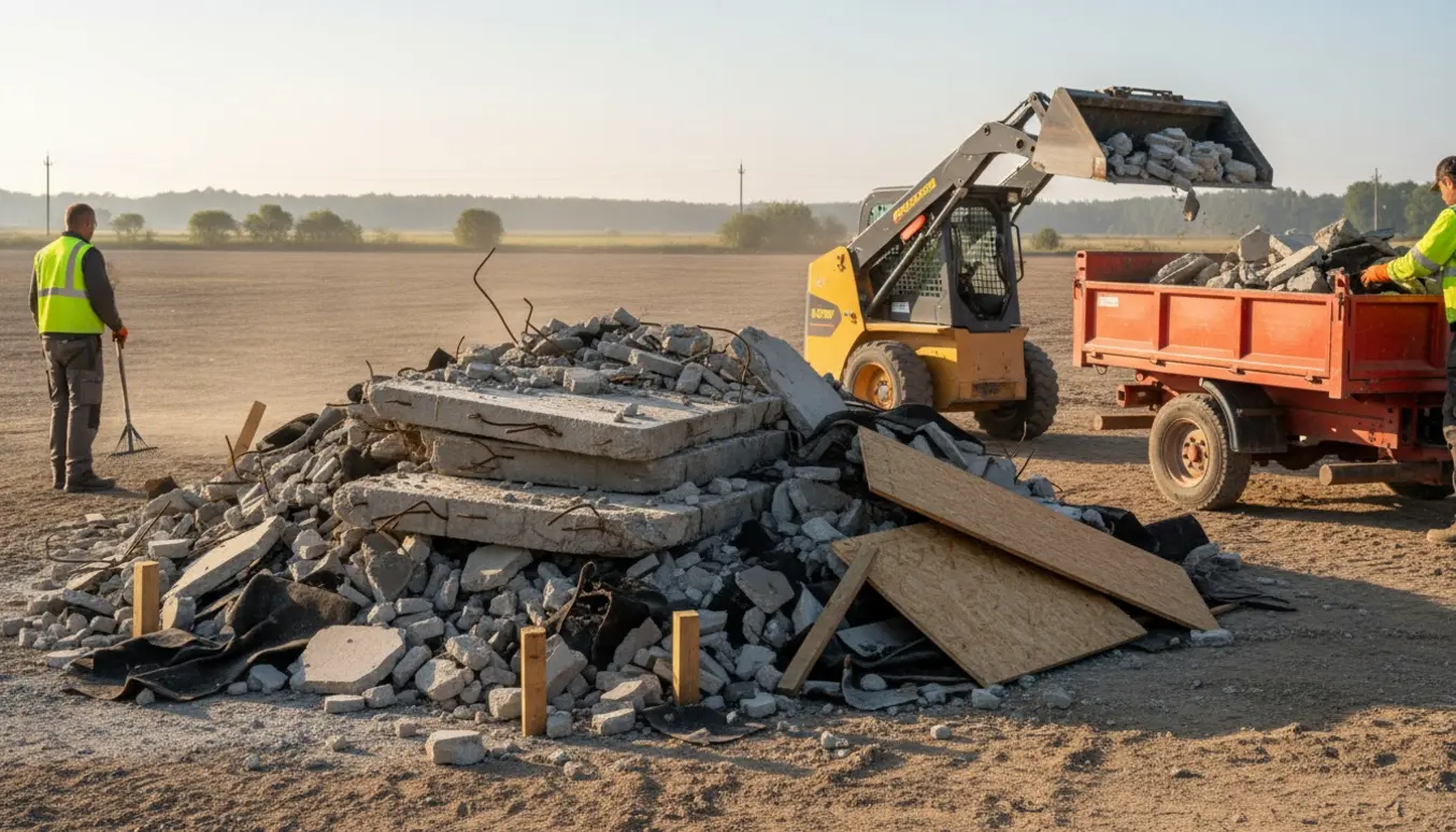 Lastbil og minilæsser ved tom grund med bunker af nedrivningsaffald: beton, træ og tagpap.