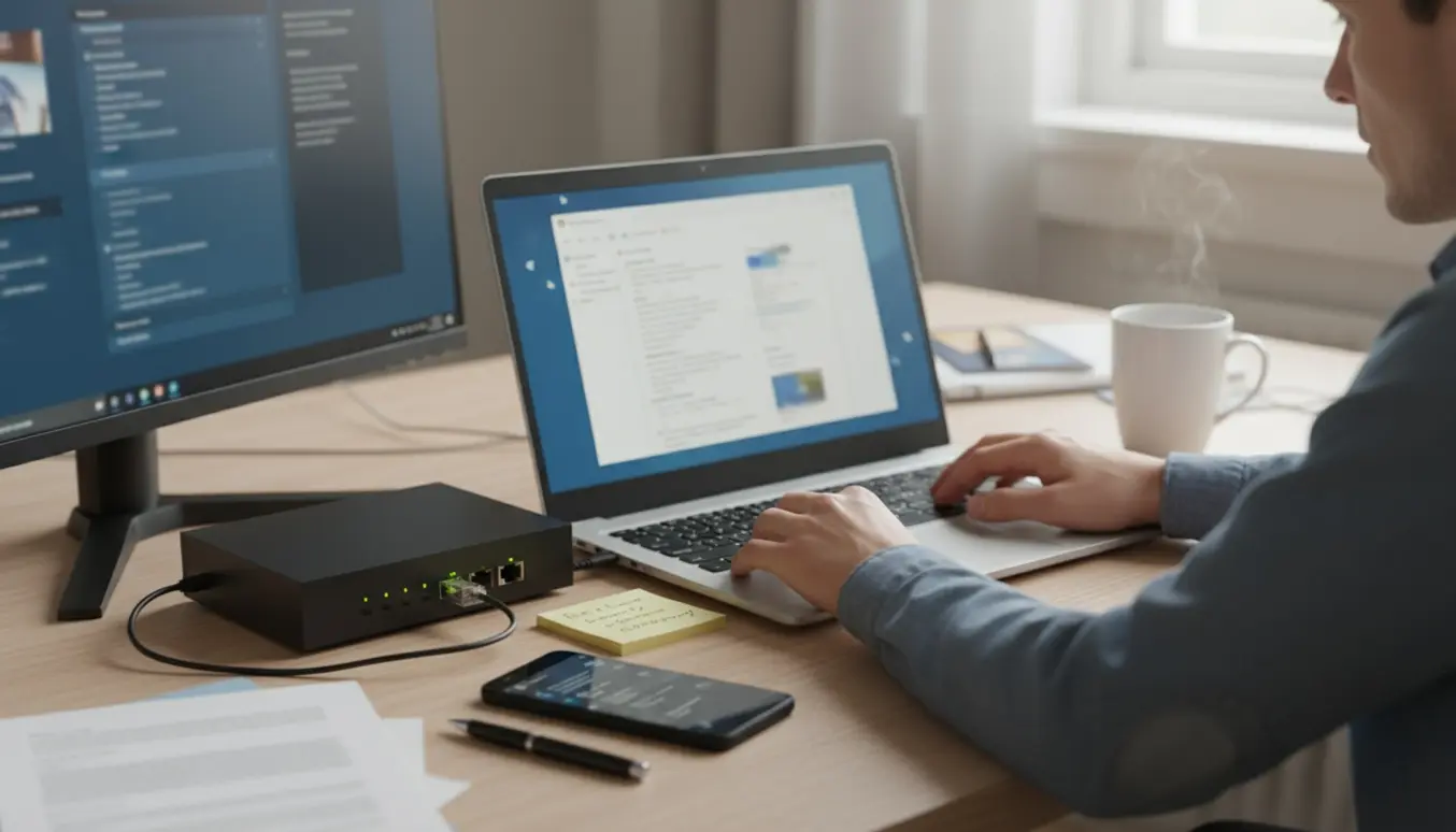 Person ved en Windows-computer forsøger at løse Outlook-mailproblemer med router og noteseddel på skrivebordet.