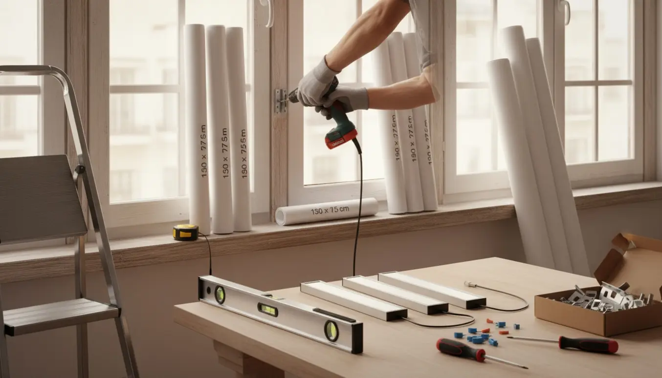 Håndværker monterer fem rullegardiner ved vinduerne og forbereder tre flade loftlamper med korte ledninger i et lyst rum.