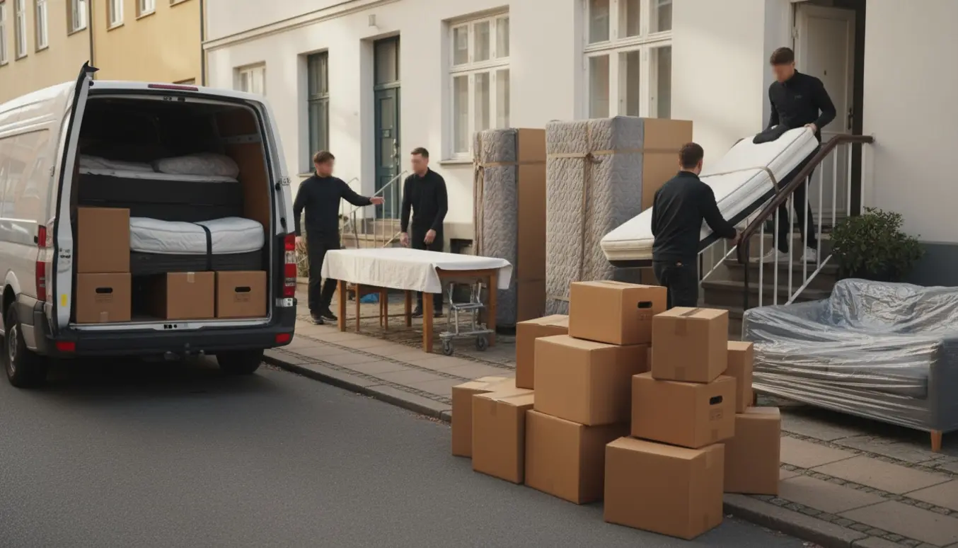 Flyttemænd bærer en seng ned ad trappen og læsser møbler og ca. 25 flyttekasser i en varevogn foran to stueetageejendomme.