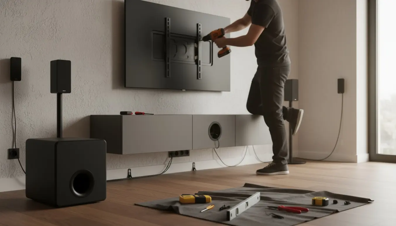 Installatør monterer et 65-tommer TV og tilslutter et 5.1 surround-anlæg i en lys, moderne stue.