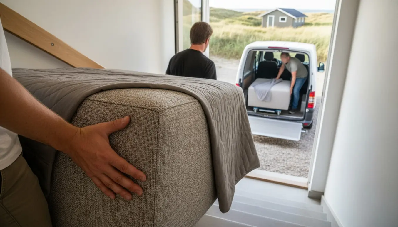 To personer bærer en 90x90 cm sofamodul ned ad en trappe mod en åben flyttebil ved en sommerhusvej.