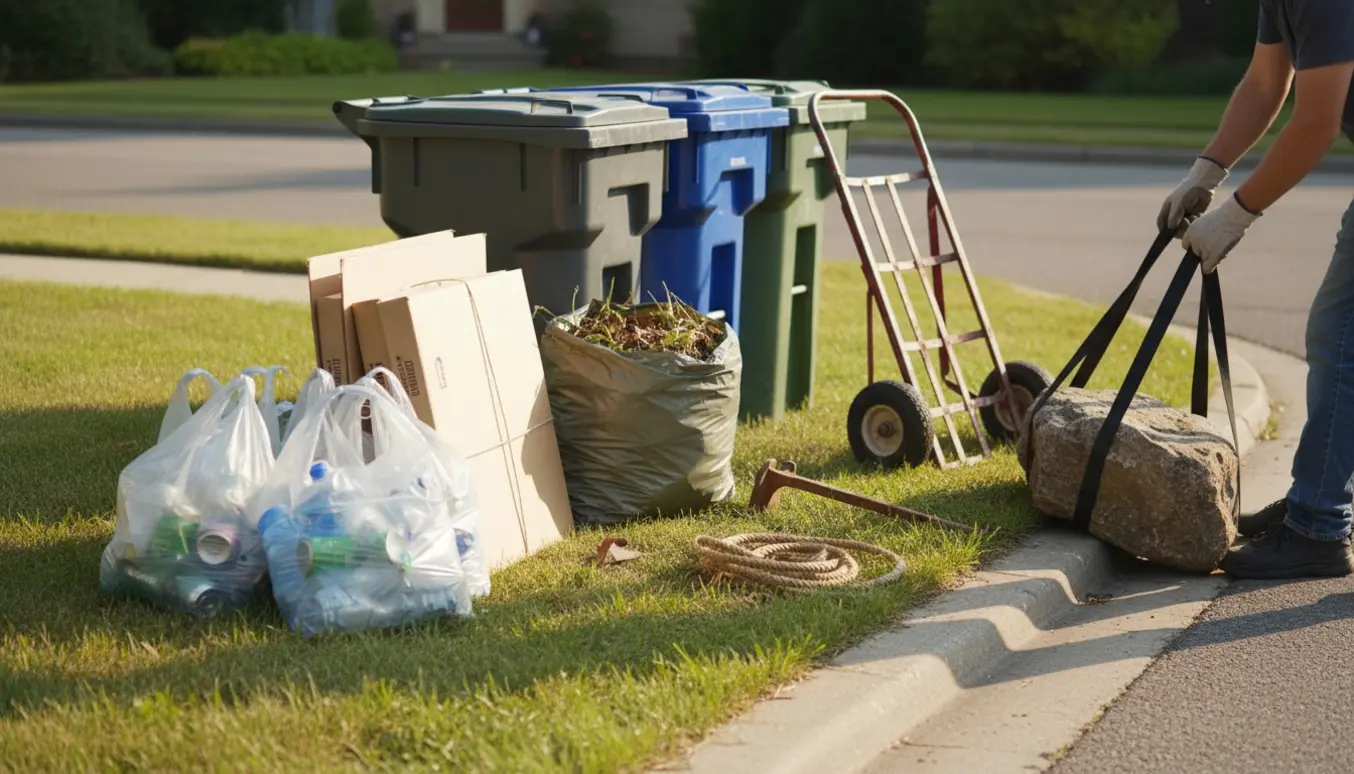 Fortov med sorteret affald i poser og beholdere, mens to personer i arbejdshandsker forbereder at flytte en stor sten.