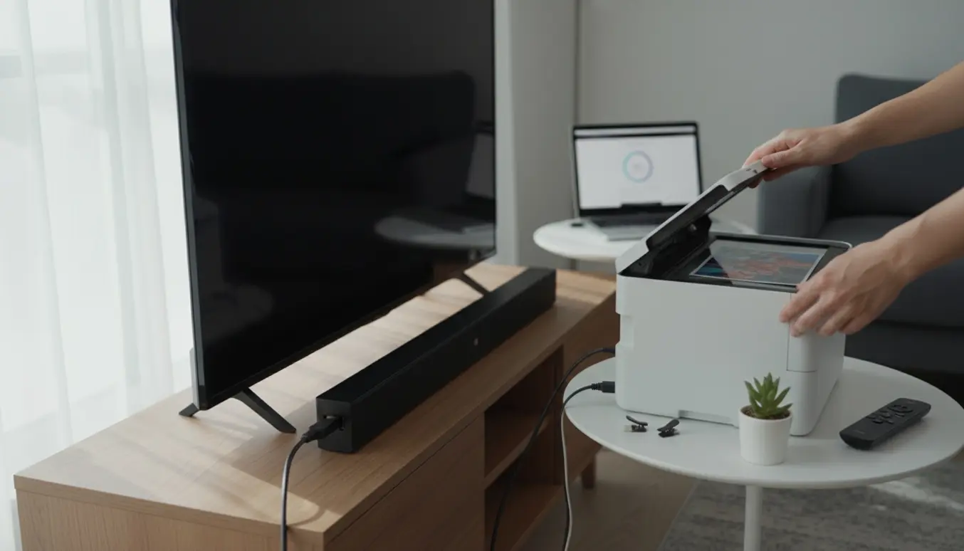 Hænder forbinder en soundbar til et moderne tv, mens en hvid printer med åben scanner forberedes til scanning.