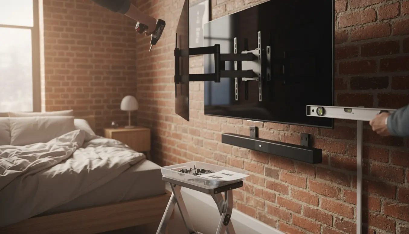 Montørhænder monterer et 65-tommers TV og soundbar på en murstensvæg i et soveværelse med elevationsseng.