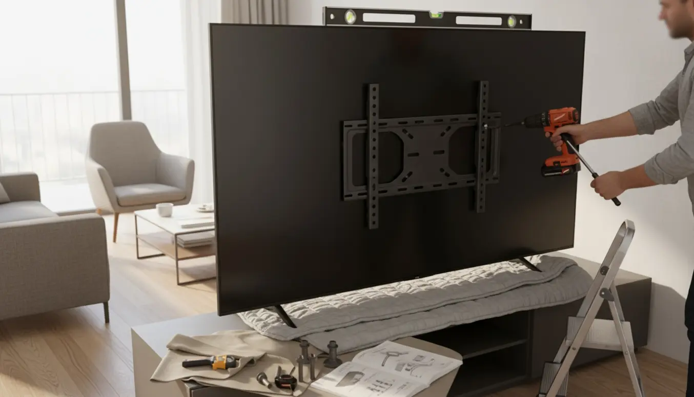 Et stort fladskærms-tv bliver monteret på væggen i en moderne stue med værktøj og monteringsdele på gulvet.