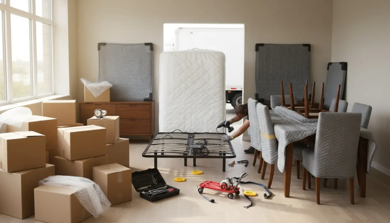 Stue i flytteproces med stabler af flyttekasser, pakket spisebord og en delvist samlet elevationsseng.