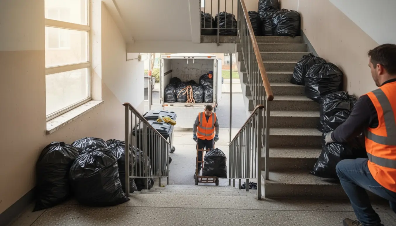 Affaldssække bæres ned ad opgang og læsses i varevogn, med hænder og rygge synlige uden klare ansigter.