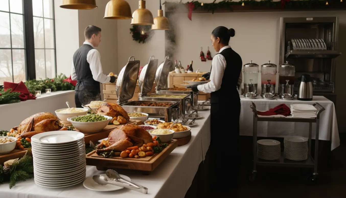 Serveringspersonale anretter og genfylder en julebuffet med varme fade, drikkevarer og opvaskestation i et hyggeligt lokale.