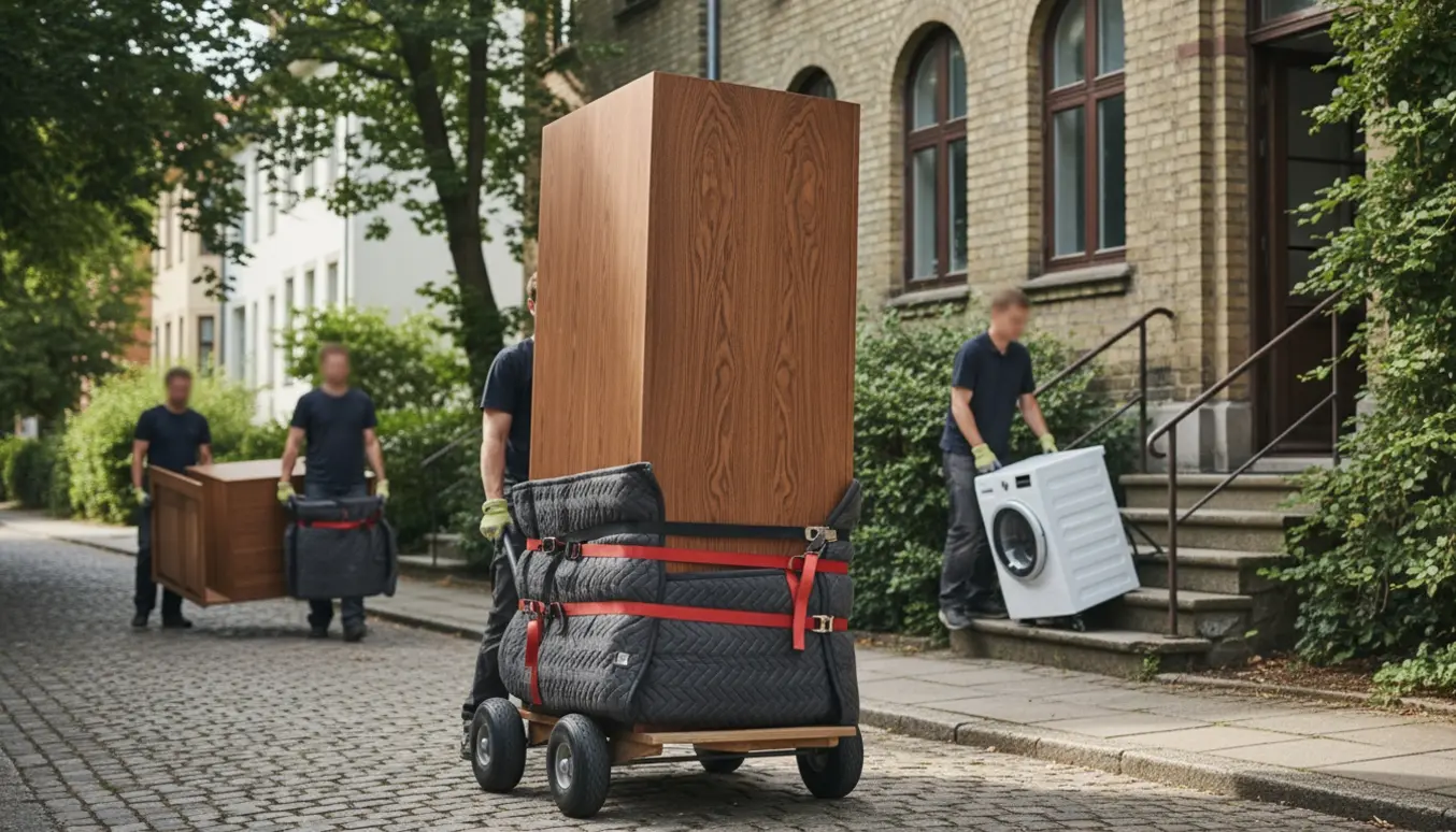 Flyttefolk trækker et massivt træskab på en trækvogn langs en stille villavej, klar til at bæres ind i stueetagen.