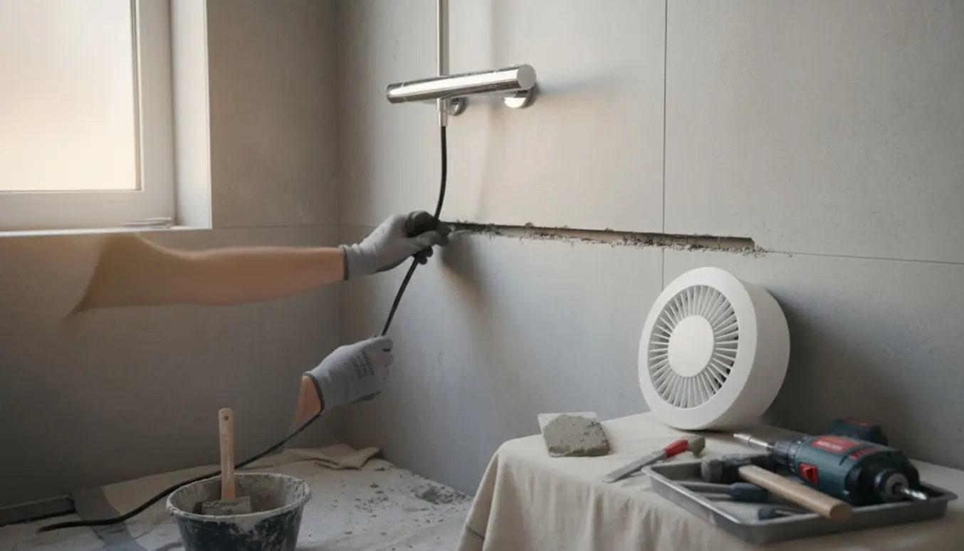 Hænder indmurer et elkabel i en betonvæg i en bruseniche med en ny ventilator klar til montering.