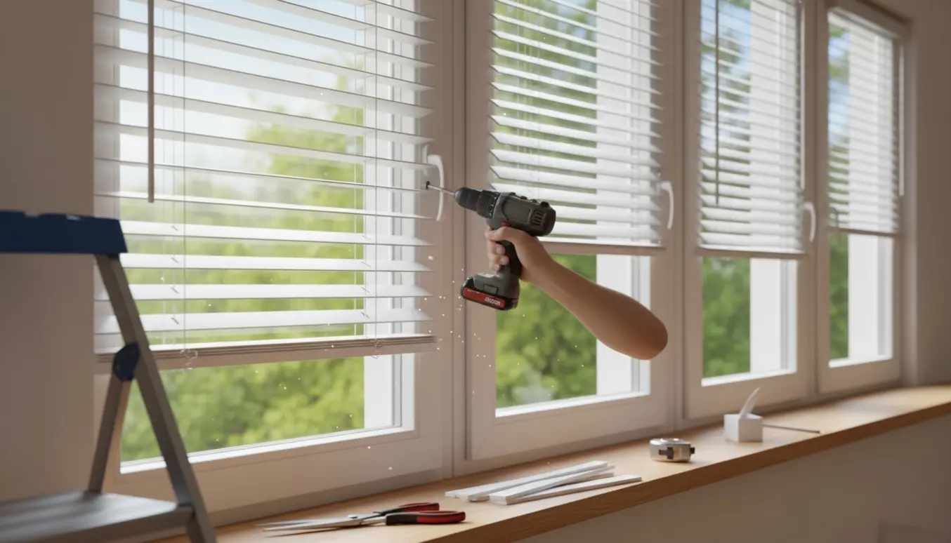 Fire persienner monteres ved vinduer, hænder afkorter lameller med persiennesaks og værktøj på vindueskarmen.