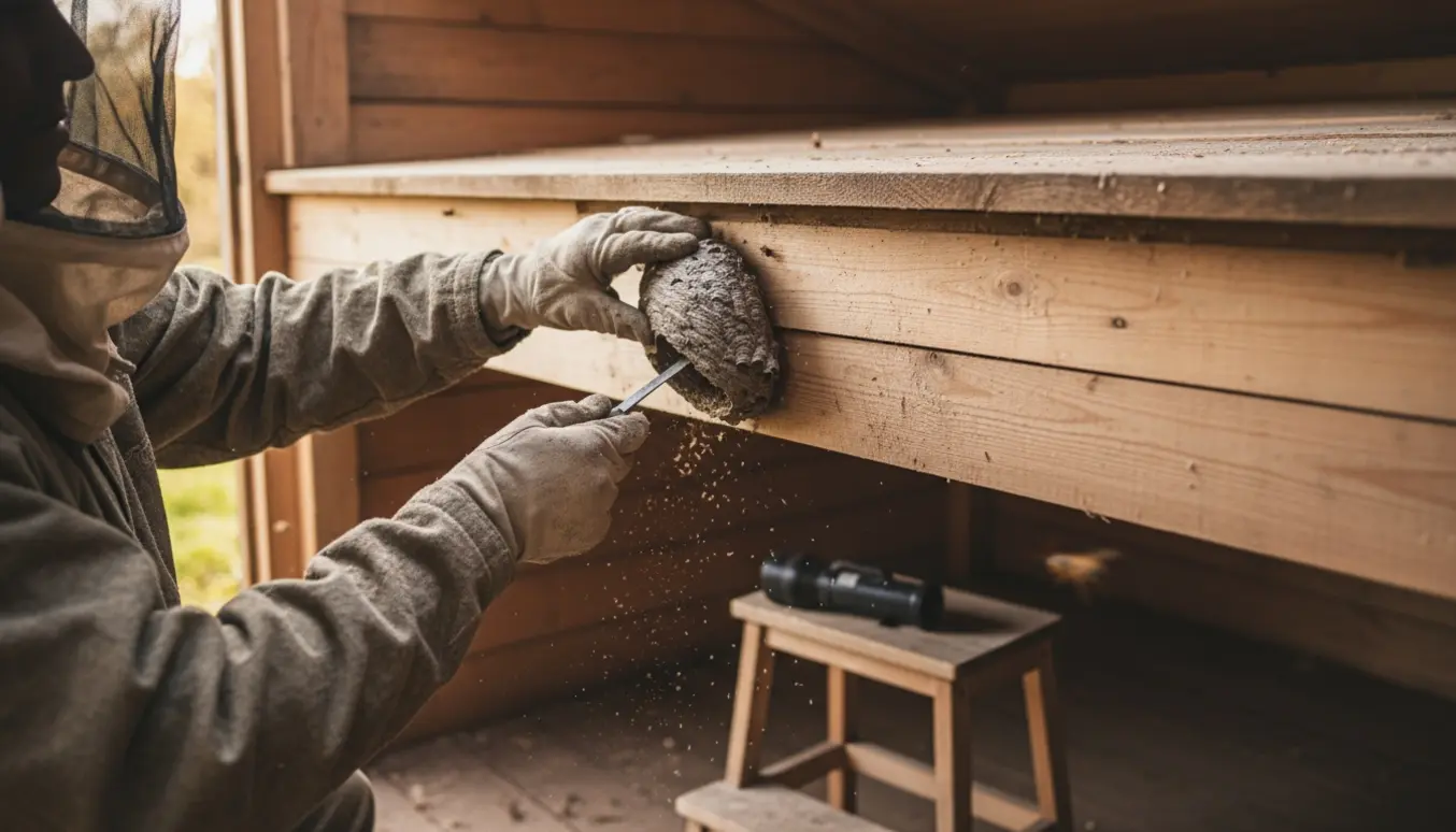 Hænder i beskyttelseshandsker fjerner et ca. 20×30 cm hvepsebo mellem fyrretræsloftbrædder i et skur.