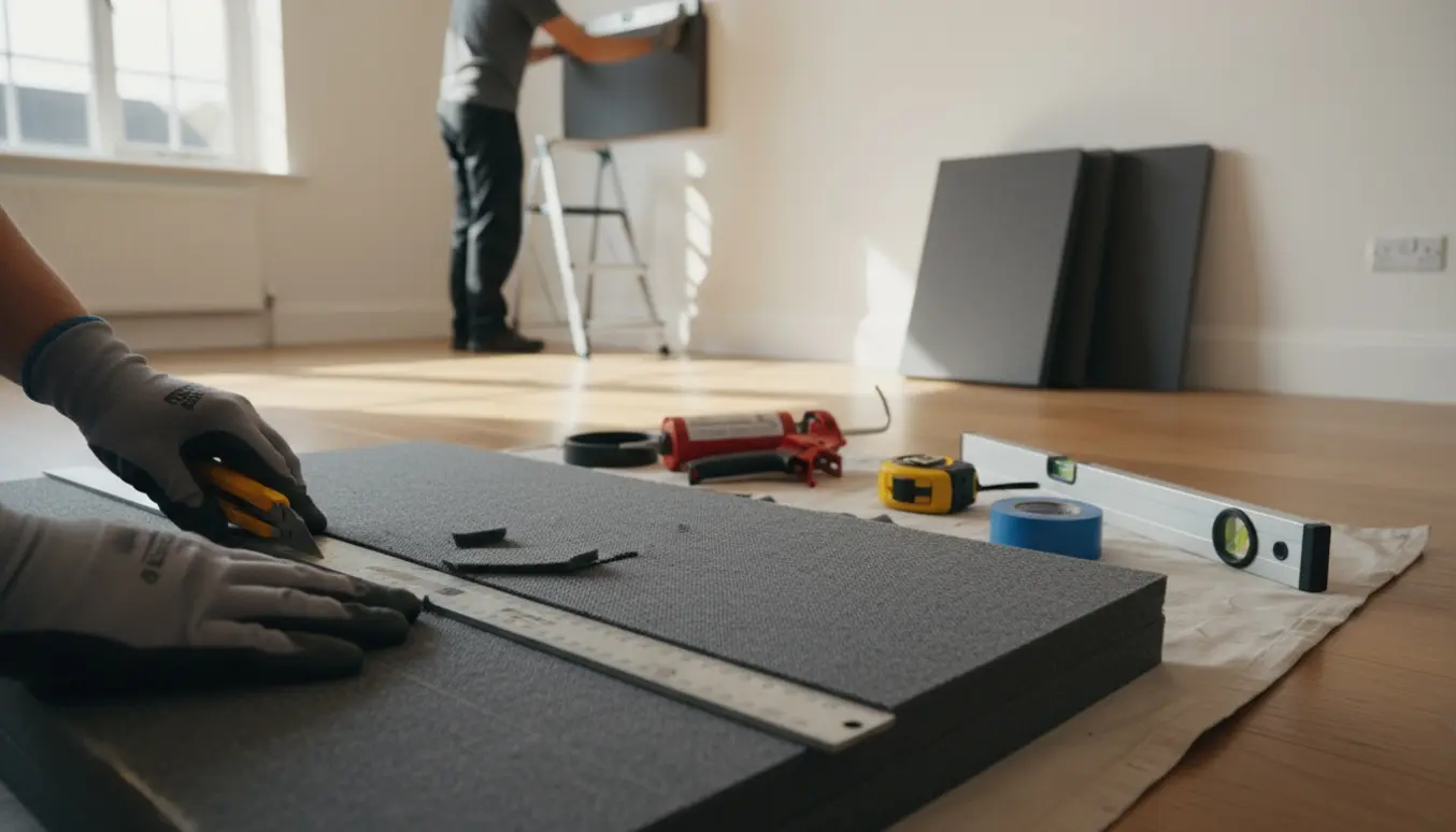 Tilskæring og opsætning af akustikpaneler i et lyst rækkehusrum med værktøj og paneler synlige.