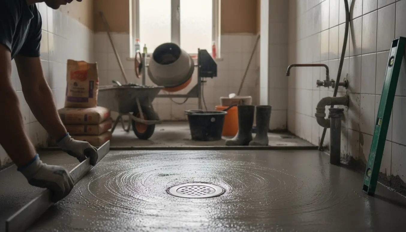 Våd cementgulv udjævnes i et lille badeværelse under renovering, med værktøj og mørtel i baggrunden.