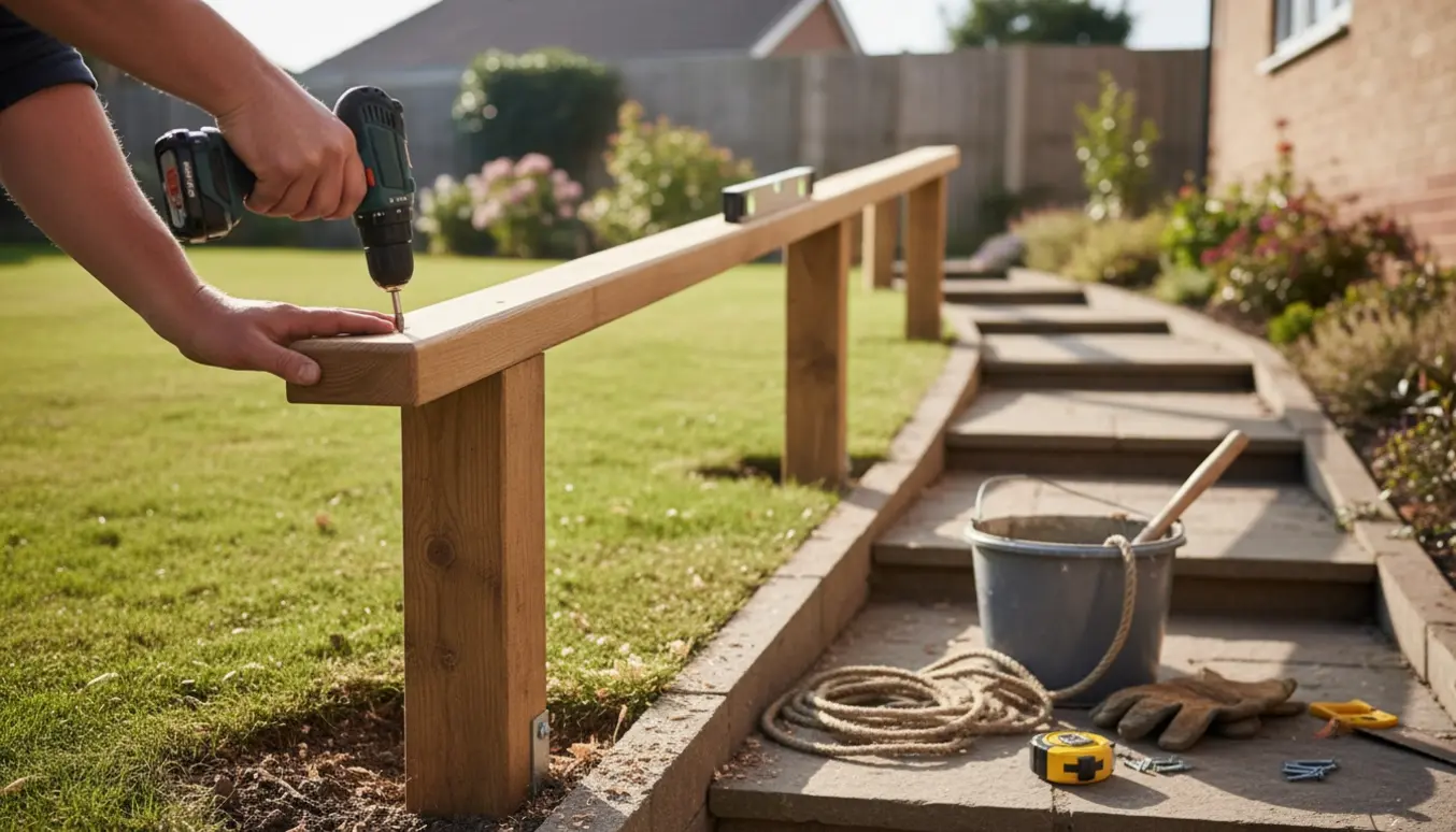 Hænder monterer et enkelt trærækværk langs en skrånende havegang med trin, boremaskine og værktøj i nærbillede.