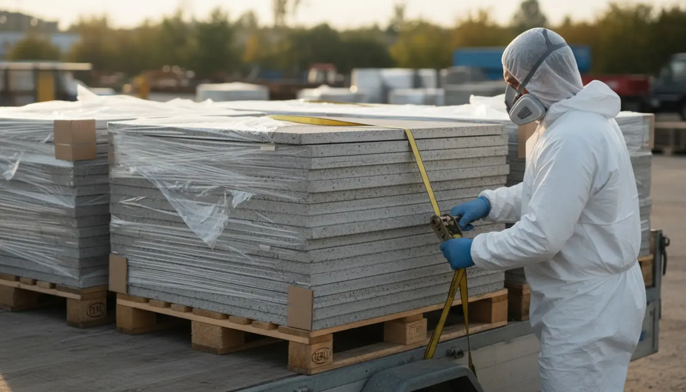 Paller med stablede eternitplader pakket i plast på en fladvogn, mens en arbejder i beskyttelsesdragt sikrer læsset.