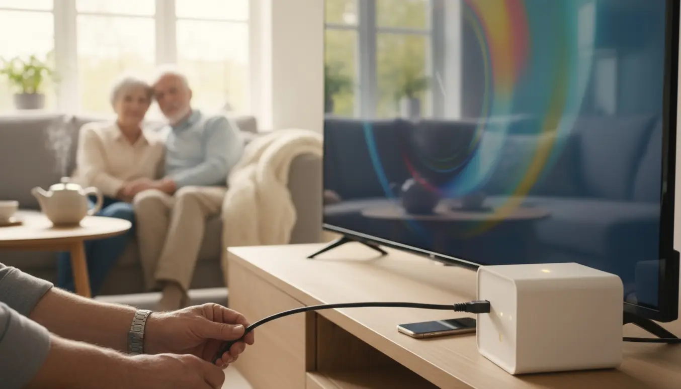 Hænder tilslutter internetkabel til et 58-tommer smart-tv i en hyggelig stue med router og ældre par i baggrunden.