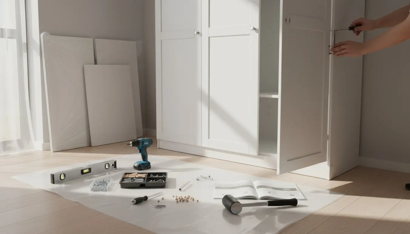 Delvist monteret hvidt 3-dørs garderobeskab med værktøj og hænder i et lyst soveværelse.