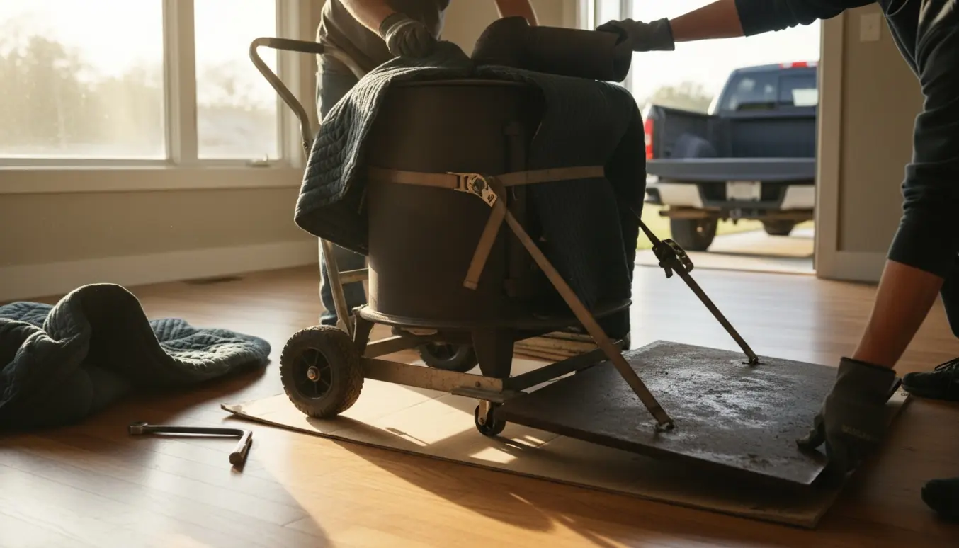 To personer løfter en støbejernsbrændeovn og jernplade på en dolly i en stue, klar til bortskaffelse.