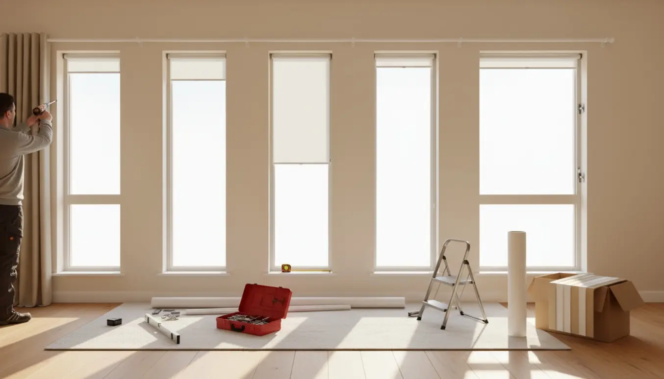 Montør monterer gardinstænger og prøver gardinmaterialer foran fire smalle vinduer og et bredere vindue.