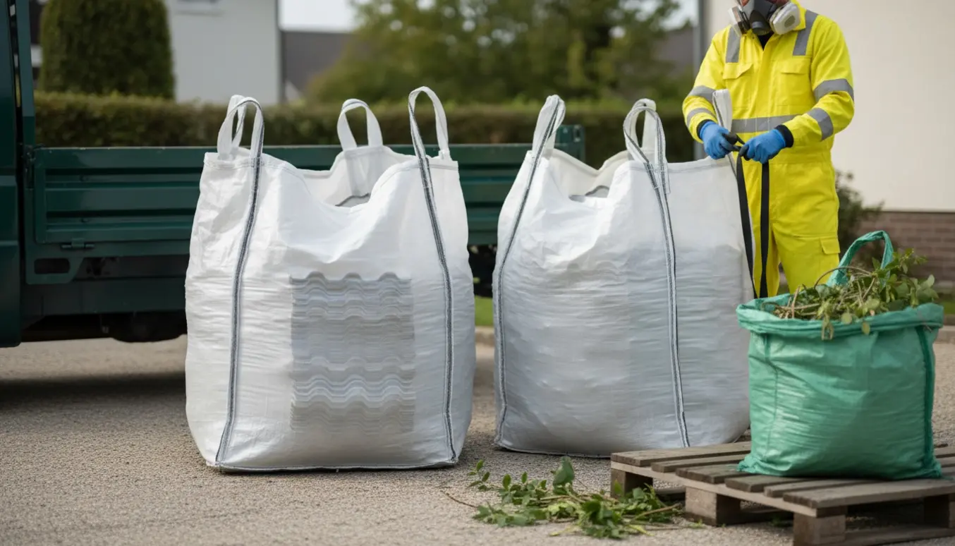 To forseglede bigbags med eternittag og en sæk haveaffald ved en varevogn, arbejder i beskyttelsesudstyr set bagfra.