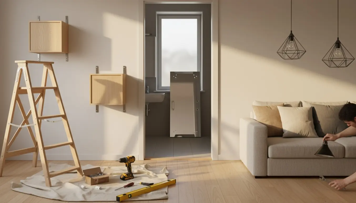 Værktøj og små vægskabe i en lejlighed, hvor en person uden synligt ansigt monterer lamper og et spejl.