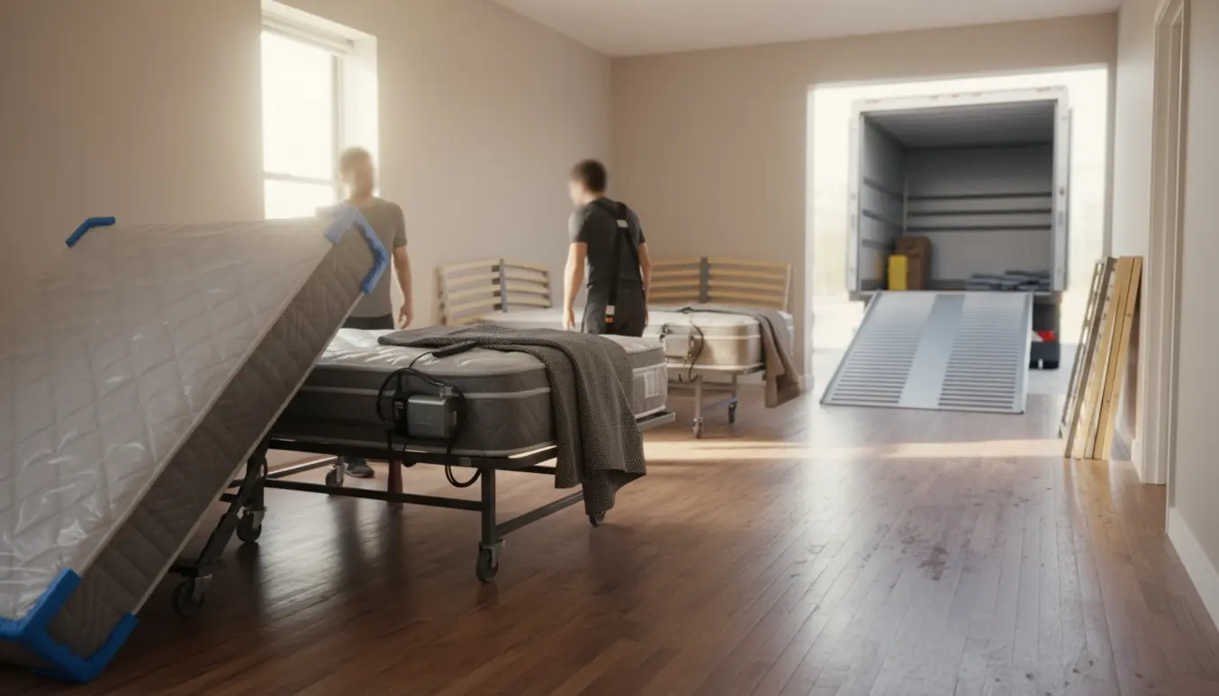 To enkeltsenge med elevationsrammer og indpakkede madrasser bæres ud af en lejlighed af flyttefolk.