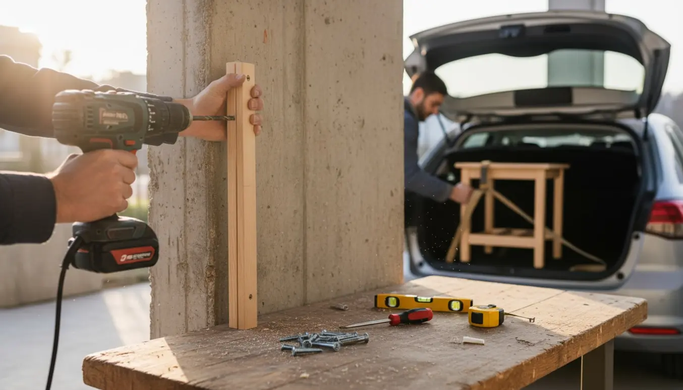 Hænder monterer et lille træ-vægstaffeli på en rå betonvæg, mens et mindre bord er klar til at læsses i en åben bil.