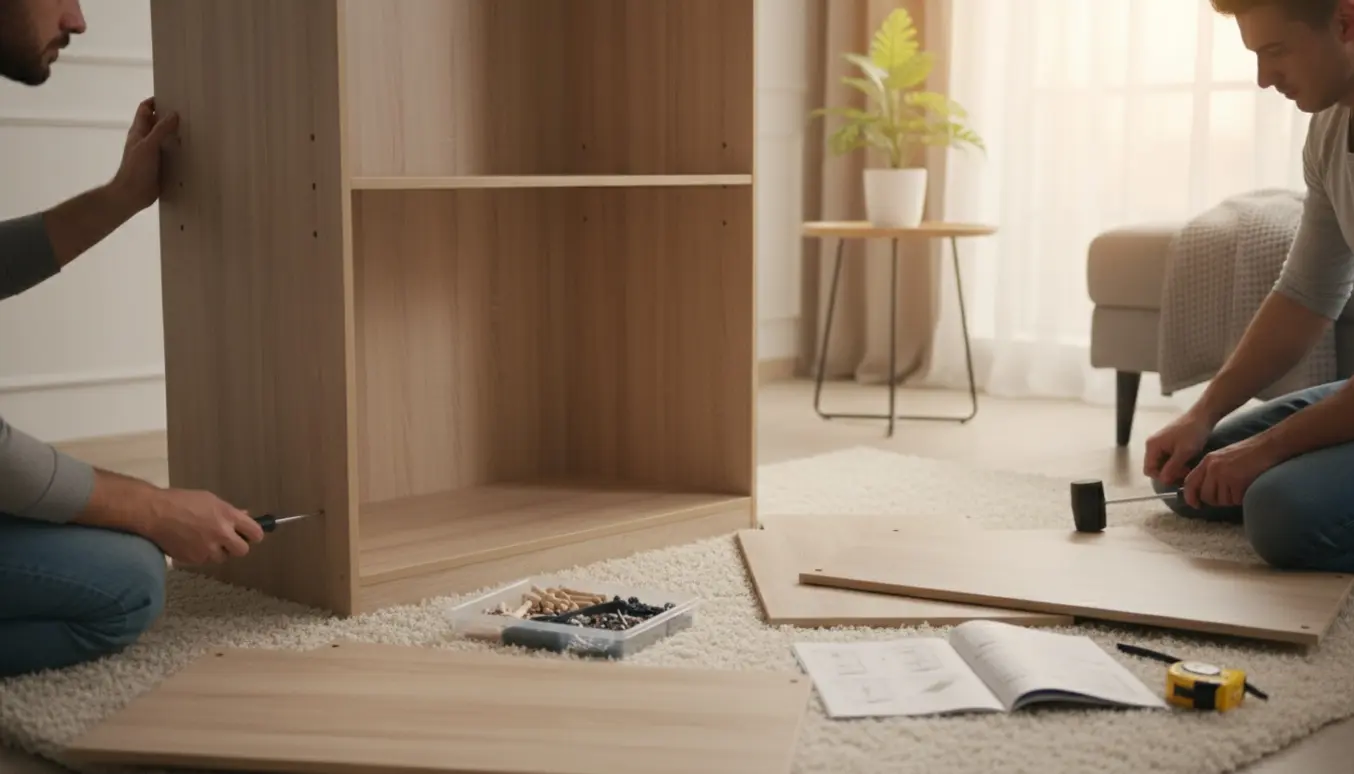 Delvist samlet fladpakket skab på stuegulv med dele, værktøj og hænder, der monterer det i naturligt lys.