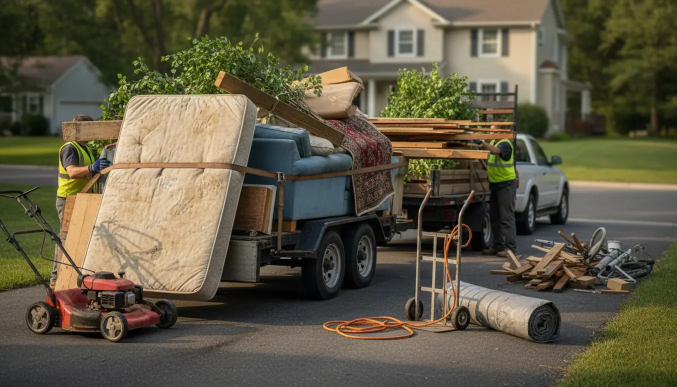 Lastbil og trailer læsset med blandet affald som seng, sofa, brædder, plæneklipper og grene på en indkørsel.
