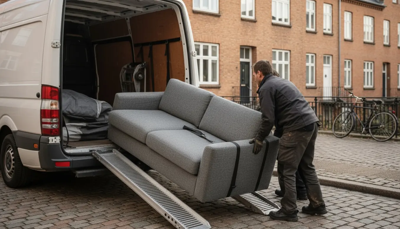 En todelt sofa bliver læsset ind i en flyttevogn på en rolig københavnsk gade.