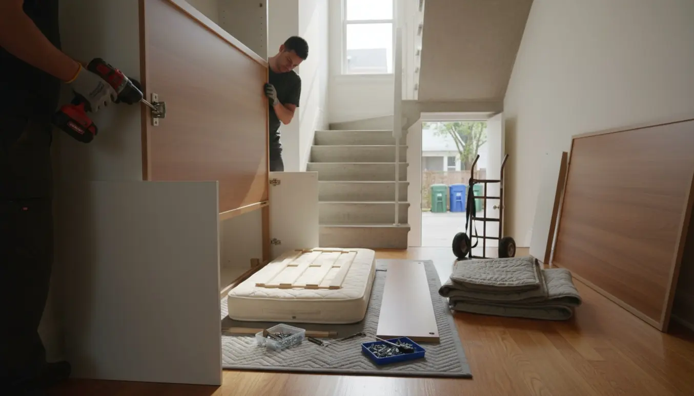 Afmontering af en vægseng i en lys opgang med paneler og værktøj stablet klar til bæring.