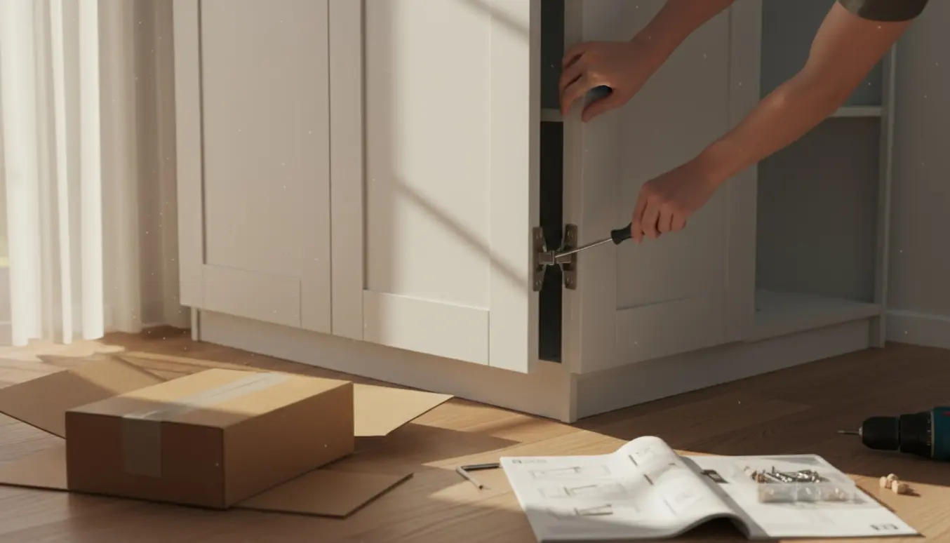 Delvist samlet tre-dørs klædeskab med hænder, værktøj og åben monteringsvejledning i eftermiddagssol.